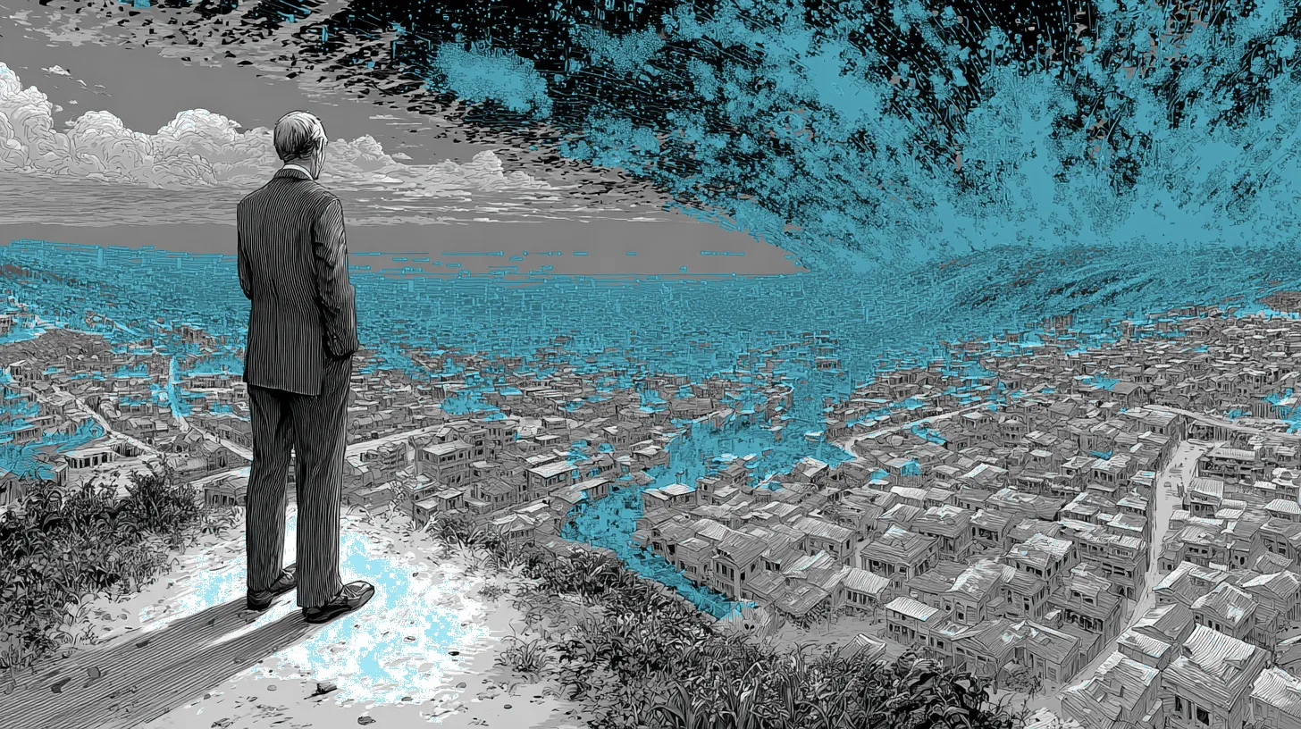 An insurance adjuster standing at the edge of a digital horizon where real photographs and AI-generated images collide