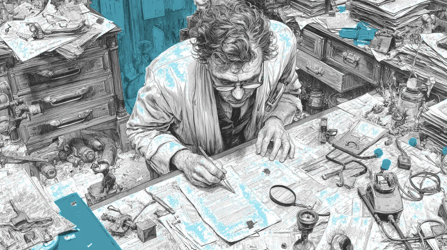 A forensic examiner analyzing stacked medical documents with some dissolving into pixel clouds revealing binary code