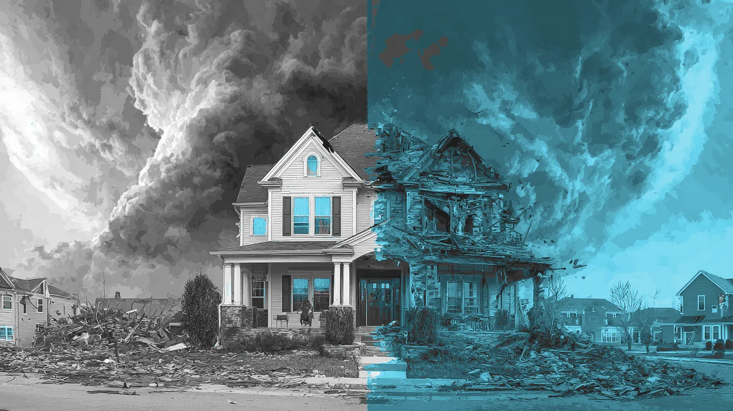 A split scene of an intact house and the same house with AI-generated storm damage, pixel artifacts visible at the seams