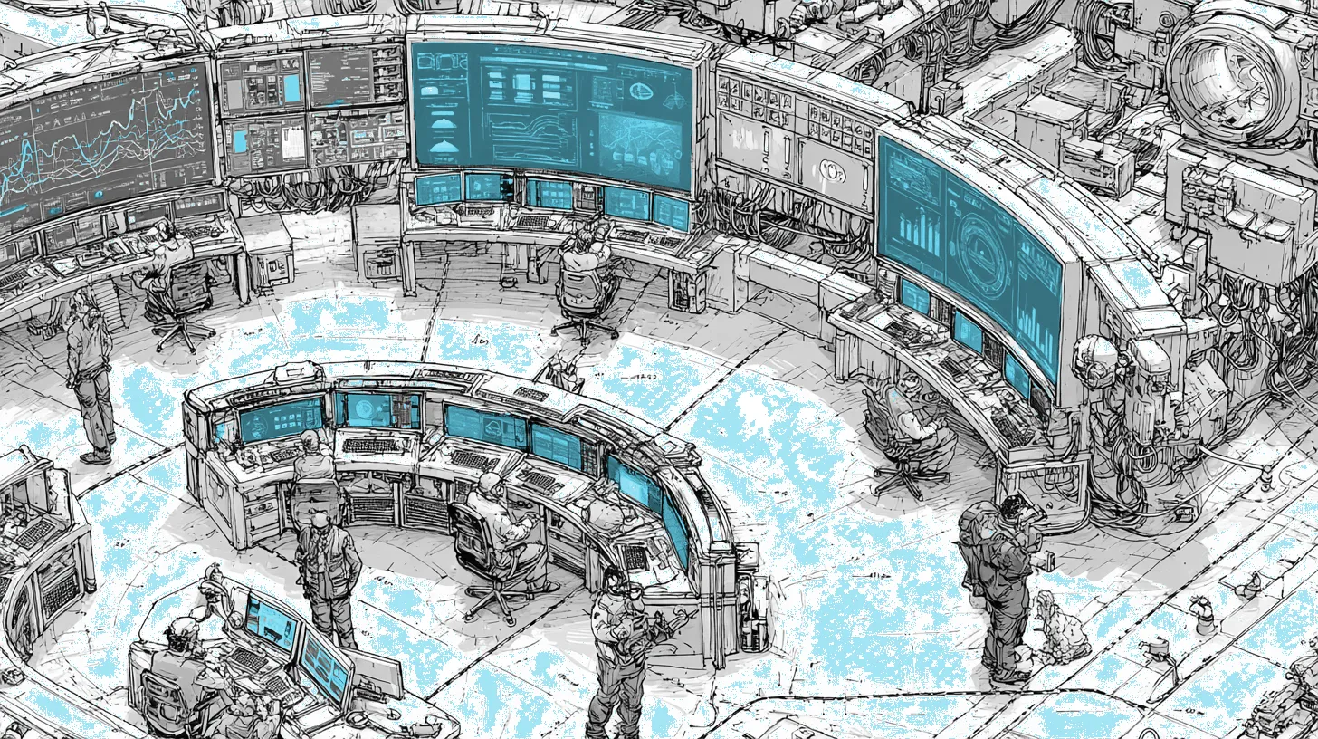 A massive control room with five technology stations running AI detection systems for fraud prevention