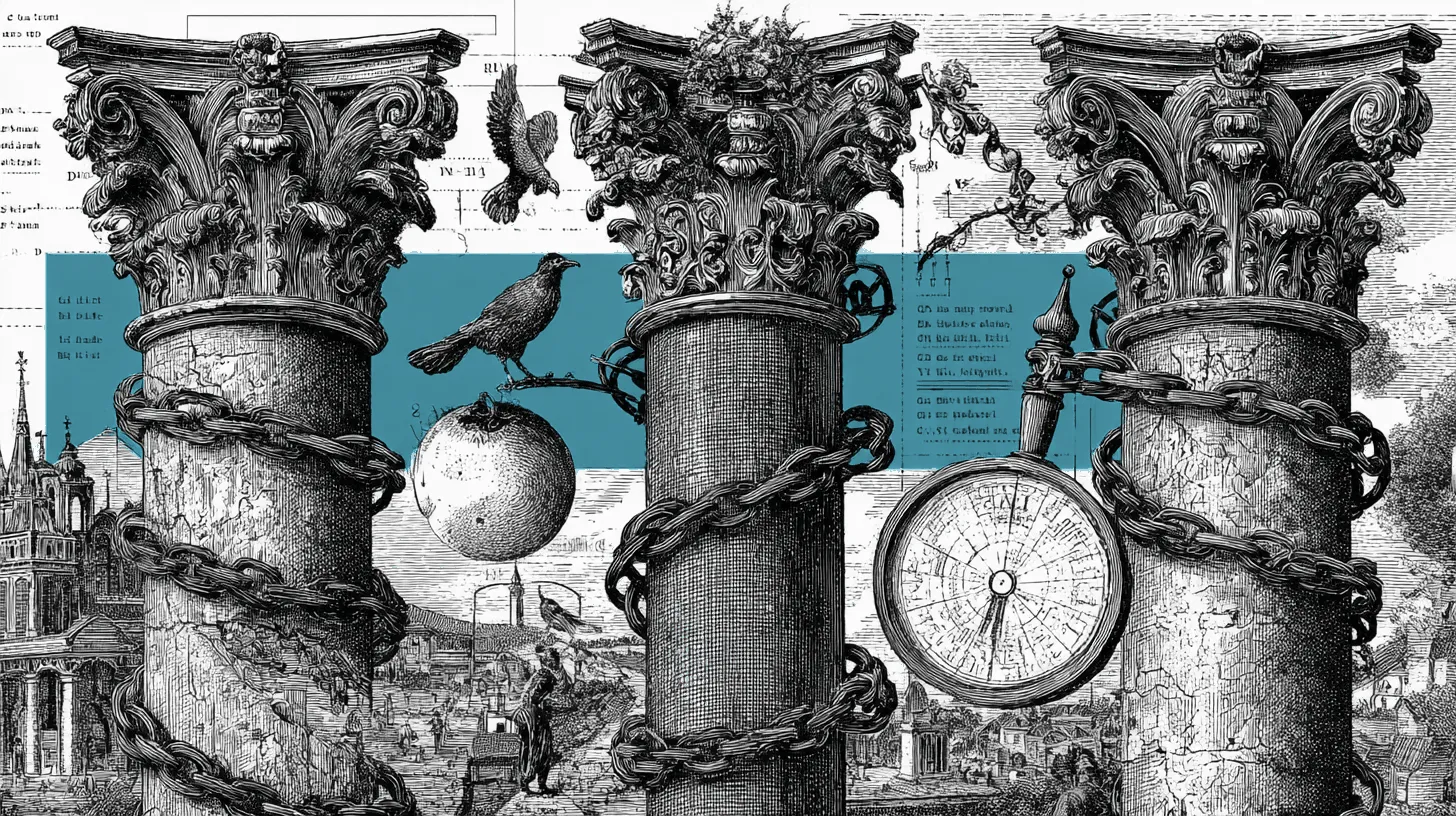 Three pillars labeled Provenance, Detection, and Verification in an examination hall with digital media being analyzed