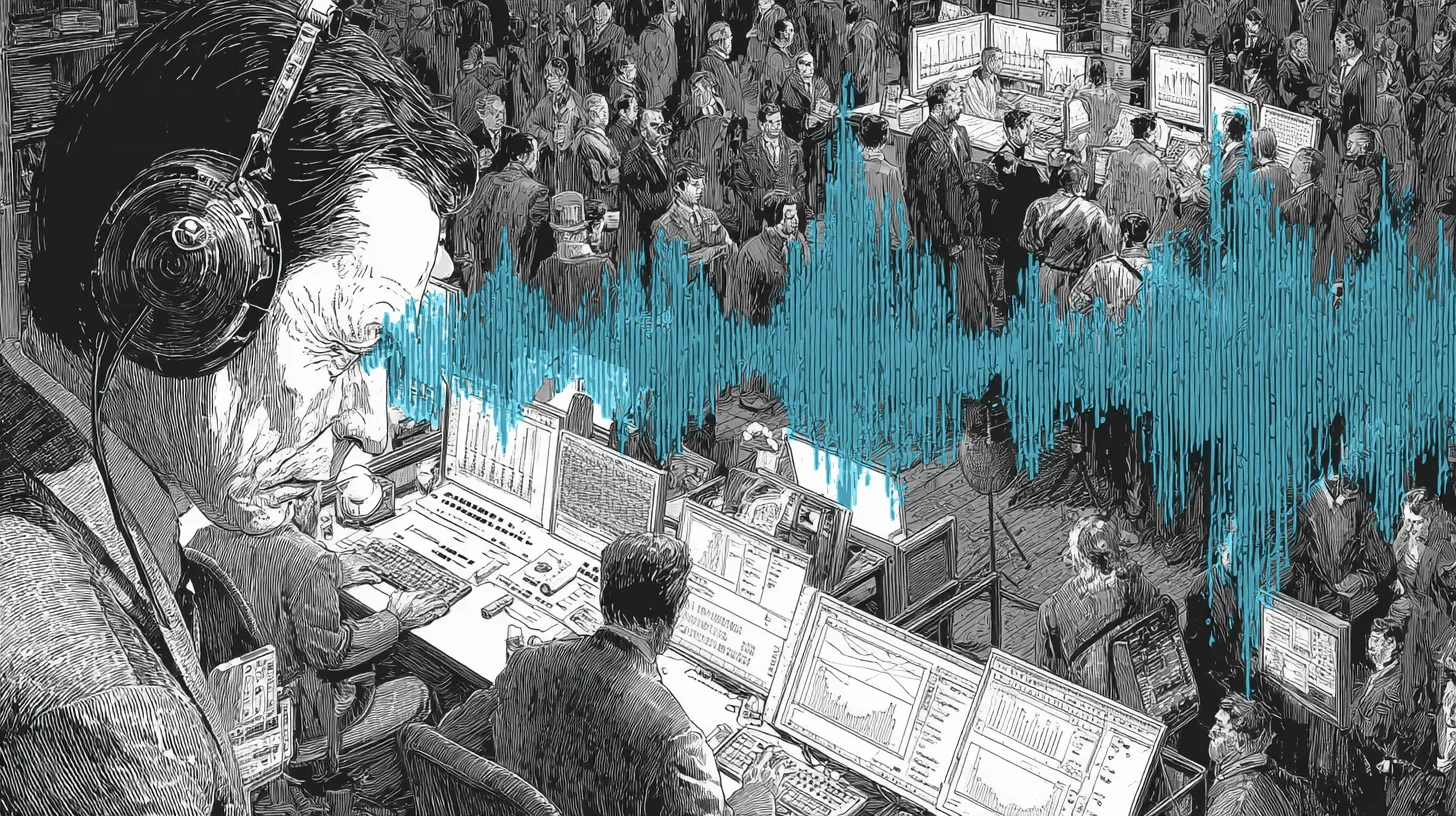 A phone handset splitting open to reveal an AI voice synthesizer with diverging human and synthetic voice waveforms