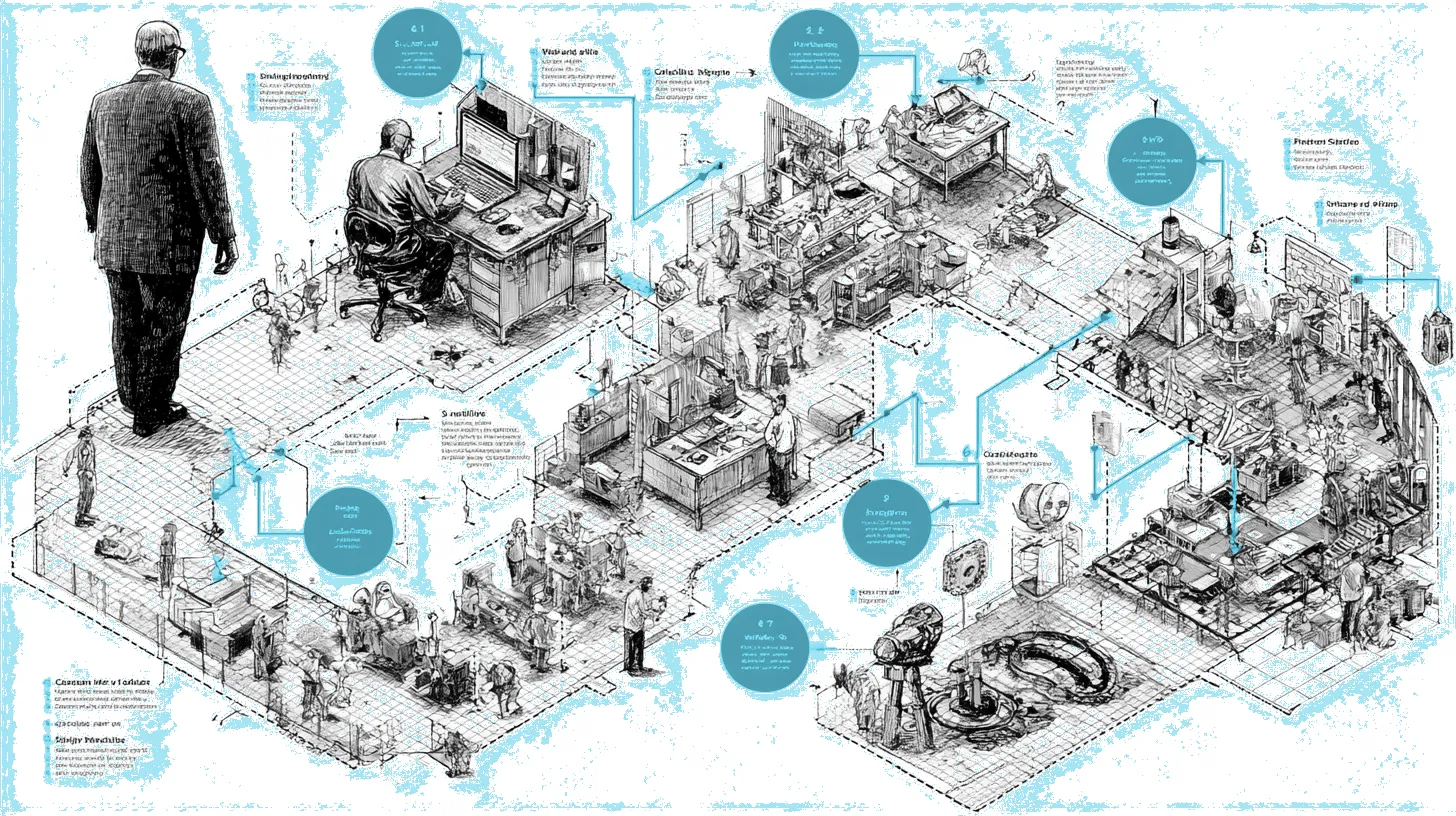 A cross-section diagram showing six stages of a deepfake insurance fraud lifecycle from creation to detection