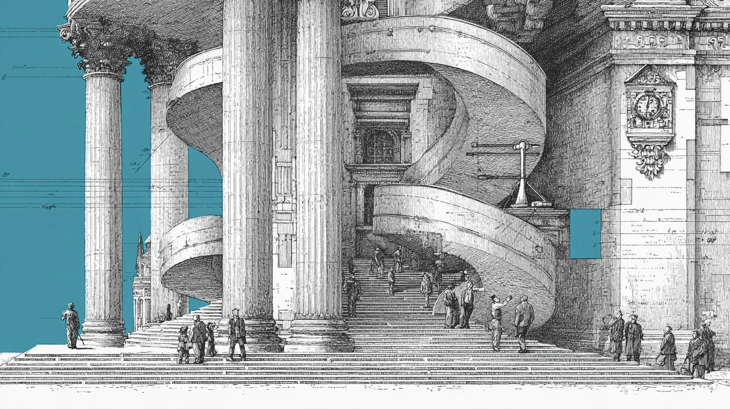 A towering regulatory building with APRA columns and compliance documents unfurling while tech workers align AI systems