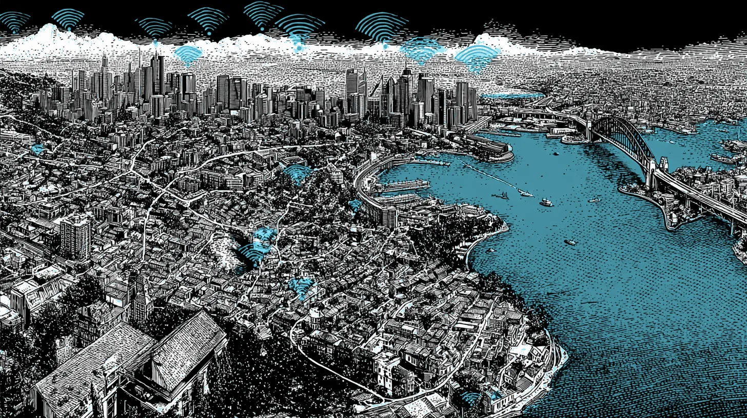 A map of Australia with insurance offices at major cities connected by communication lines and deepfake threats as digital waves