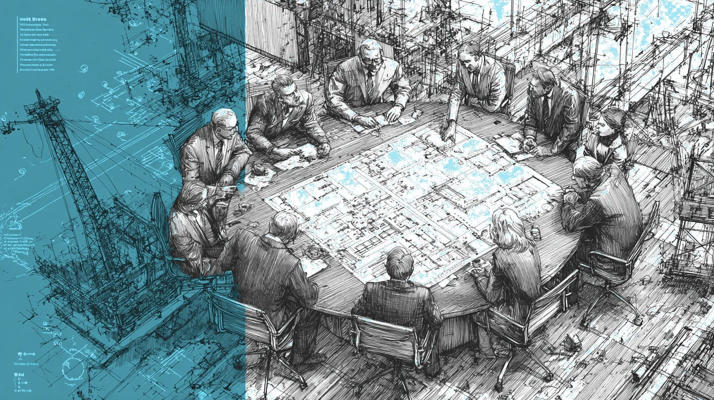 An executive boardroom with a blueprint of an AI fraud prevention programme, some sections rising as 3D structures