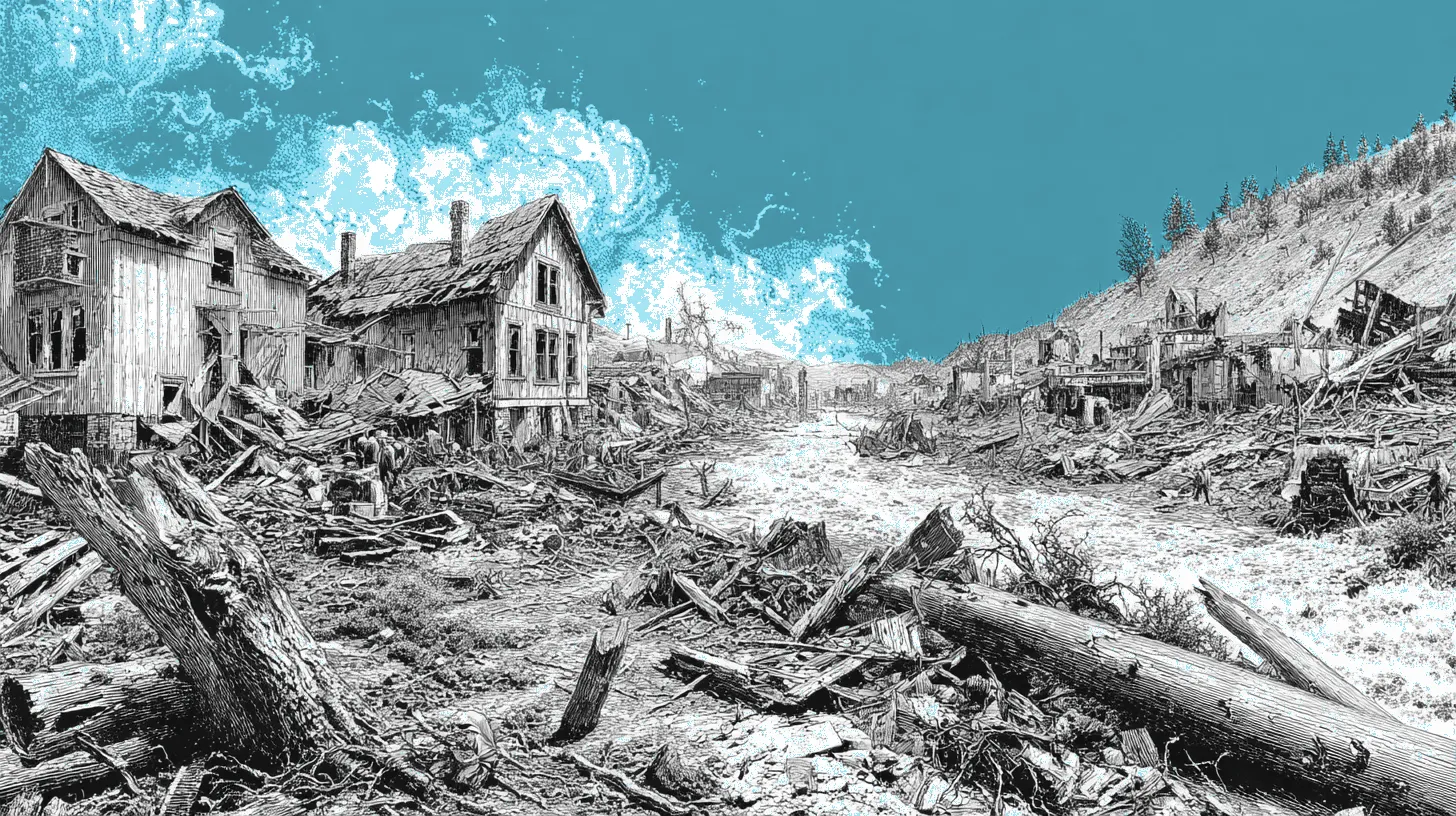 A flood-ravaged landscape with a production line mass-producing fake damage photographs behind the real destruction