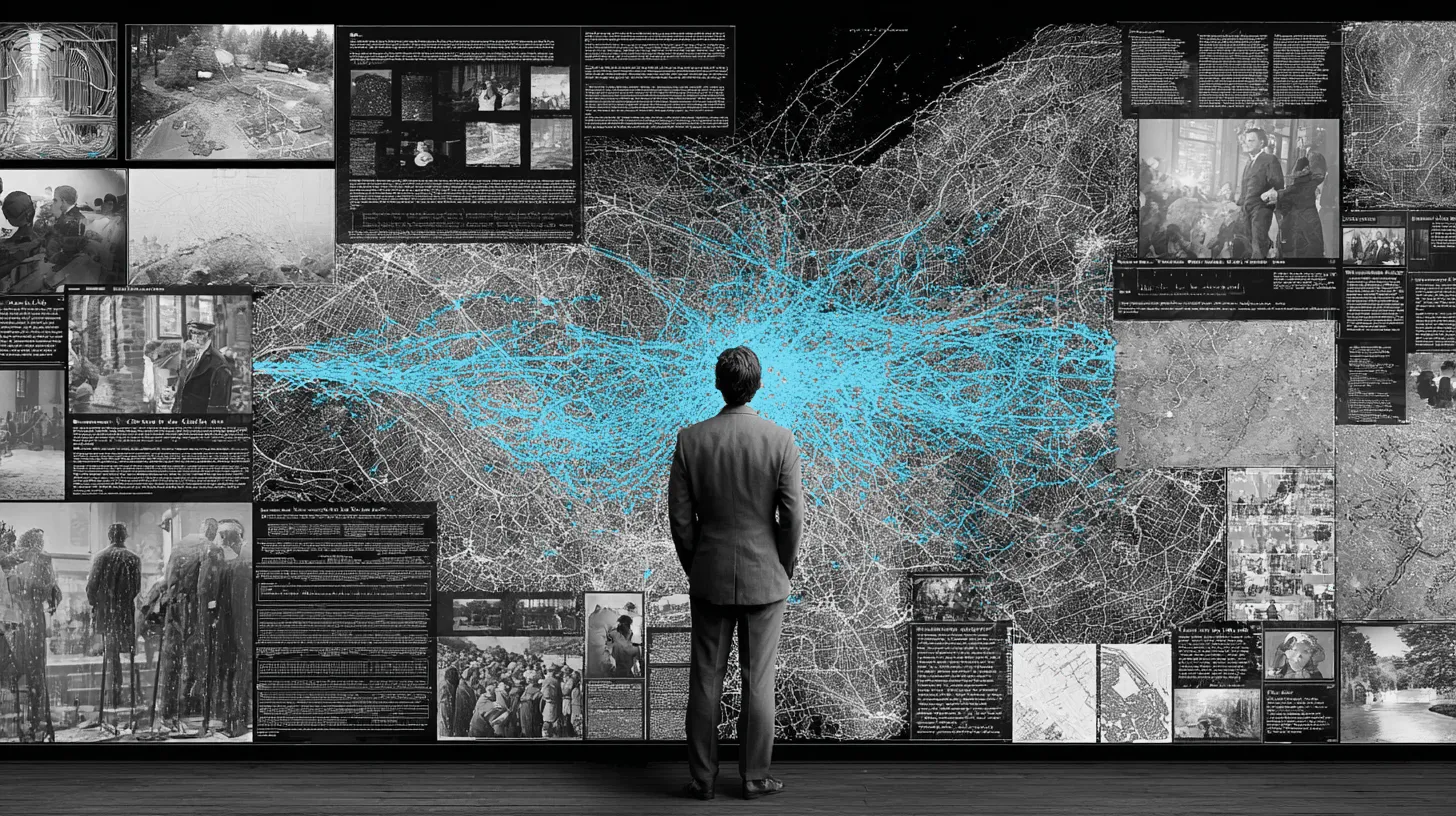 A data visualization wall with an analyst circling clusters of suspicious claims connected by red threads in a web pattern