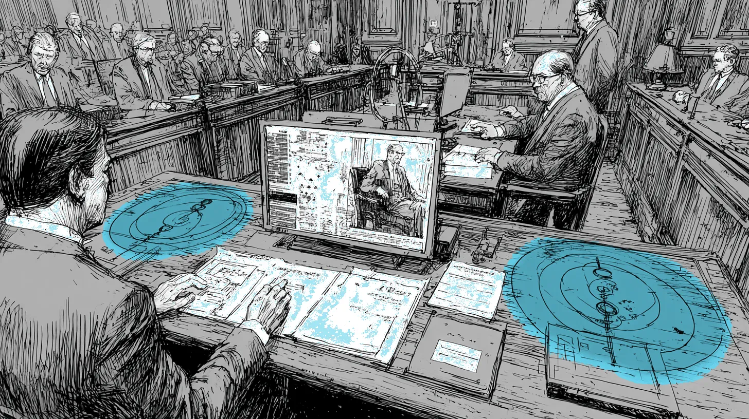 A courtroom scene with three evidence presentation stands holding digital forensic reports, a monitor showing analysis overlays, and a sealed evidence box