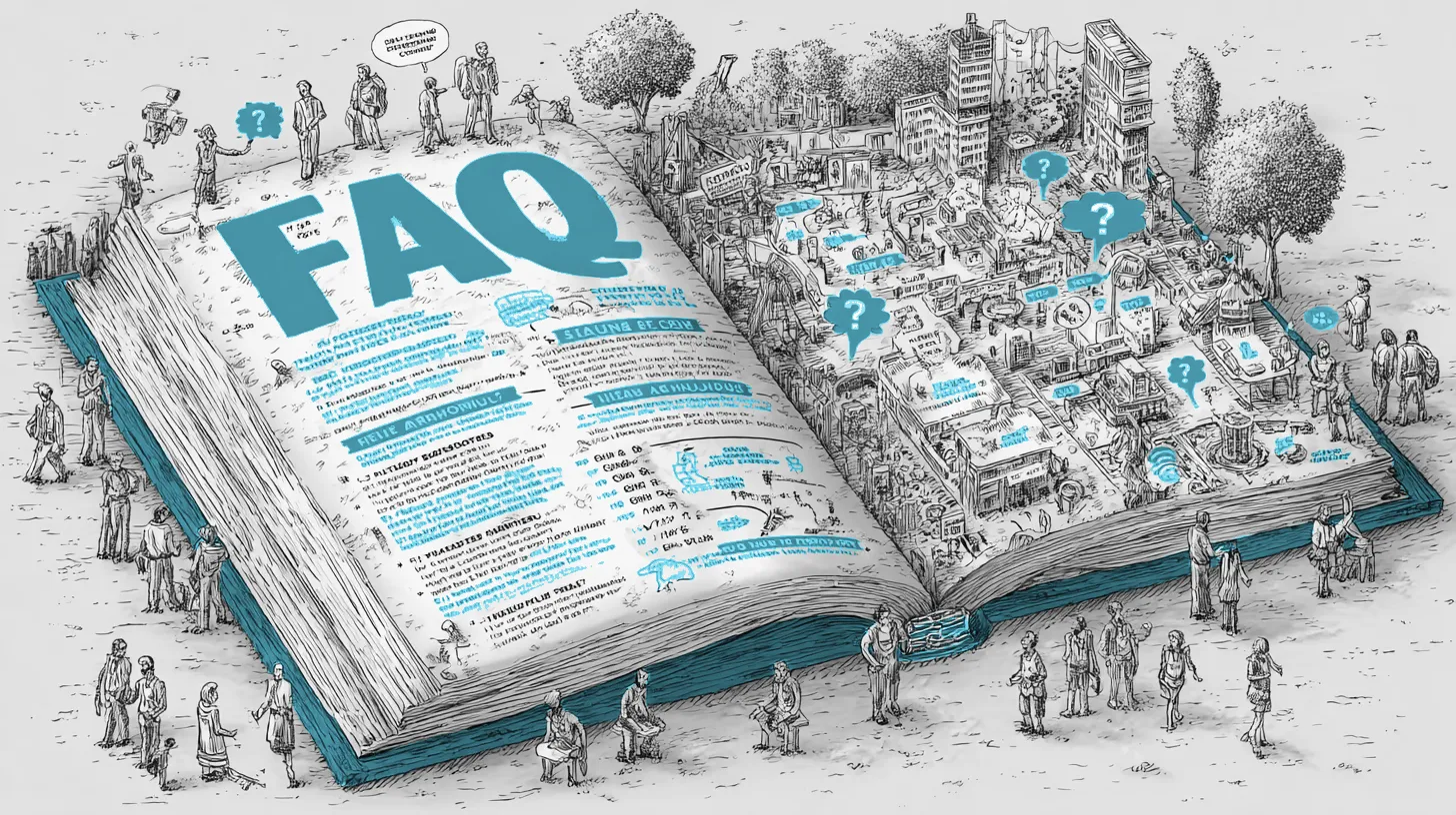 A giant open FAQ book on a table with miniature illustrated answers and insurance professionals gathered around discussing