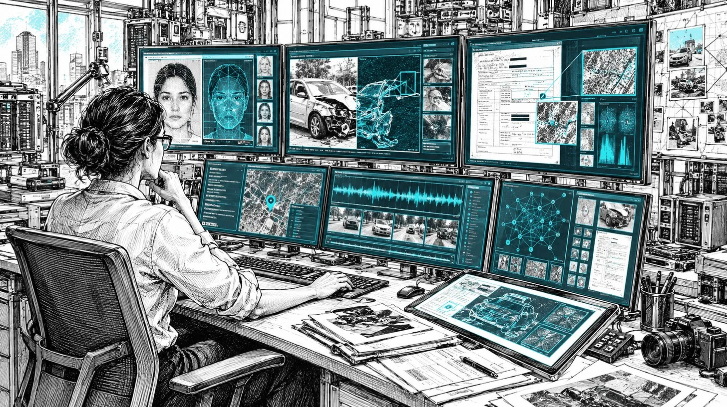 A fraud analyst at a desk surrounded by screens showing claim photos, faces, audio waveforms and document scans under analysis, in grayscale line-art with cyan highlights
