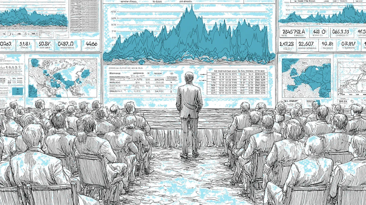A dramatic data visualization theater with stacked area charts of deepfake fraud growth rates on an enormous screen