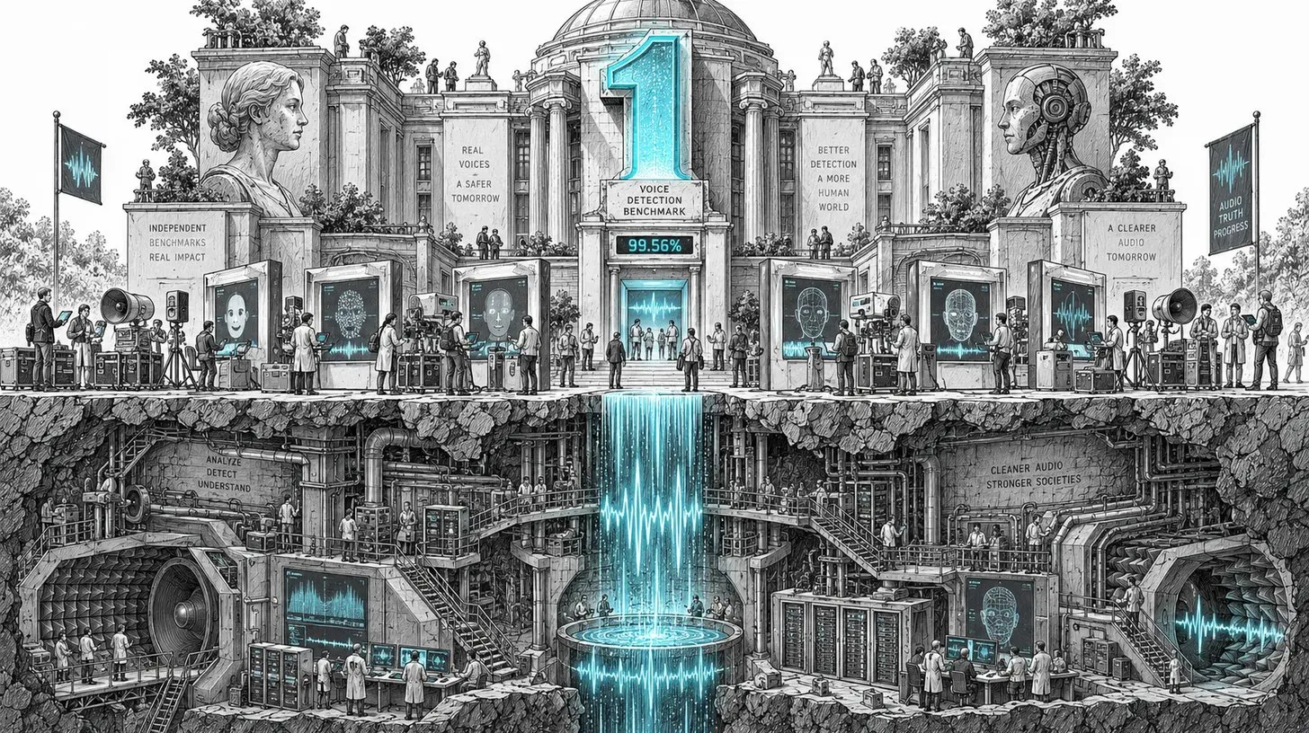 A grand benchmark hall with a glowing cyan number one and 99.56% on its facade, researchers testing voices at screens in front, and an underground lab below where a cyan sound wave pours into a pool, in ink line art with cyan highlights