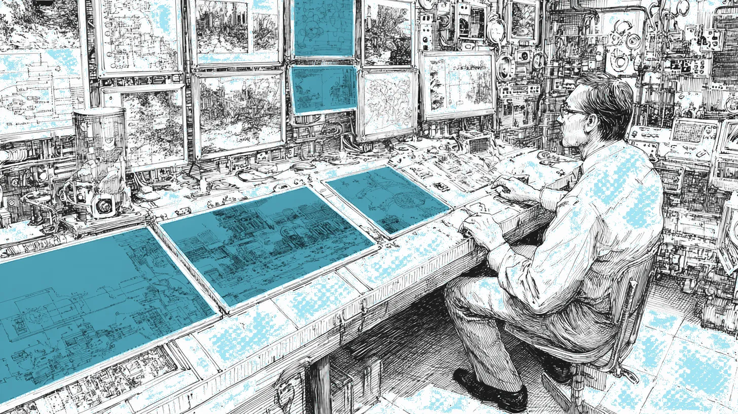 A split-level detection laboratory with an examiner analyzing a suspicious photo on a lightbox and servers running analysis algorithms below