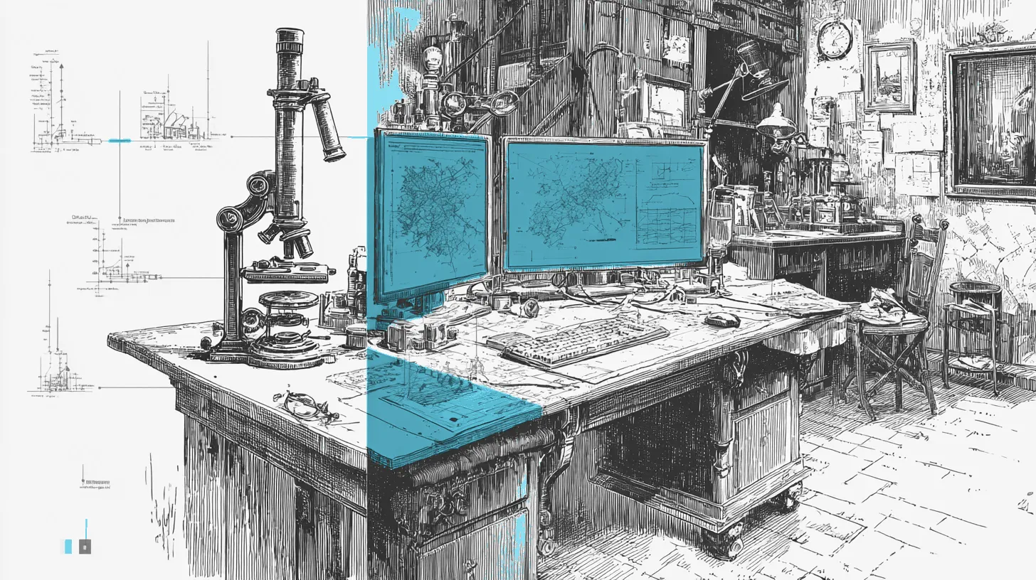 A side-by-side laboratory with traditional forensic methods on one side and modern AI analysis on the other examining the same document