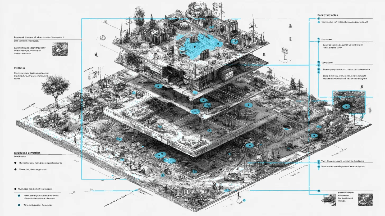 A three-layer exploded view of a suspicious document showing surface analysis, pixel-level artifacts, and AI detection mesh grid