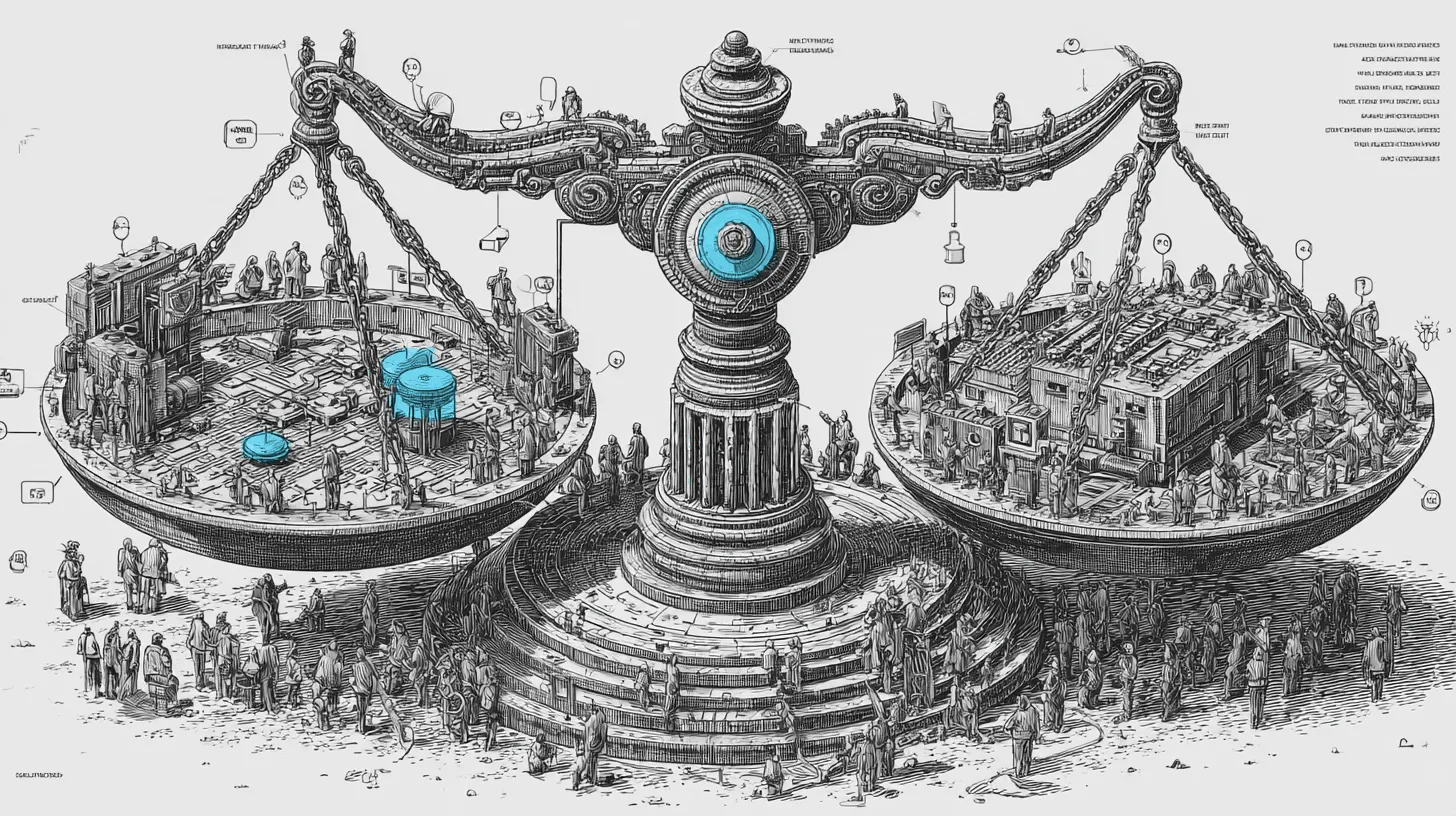 A massive balance scale with technological precision on one side and human fairness on the other, balanced on a judge's gavel