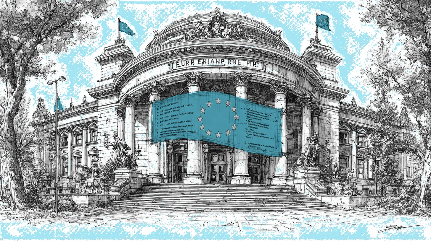 The European Parliament building with AI Act regulation scrolls unfurling from the entrance showing compliance requirements