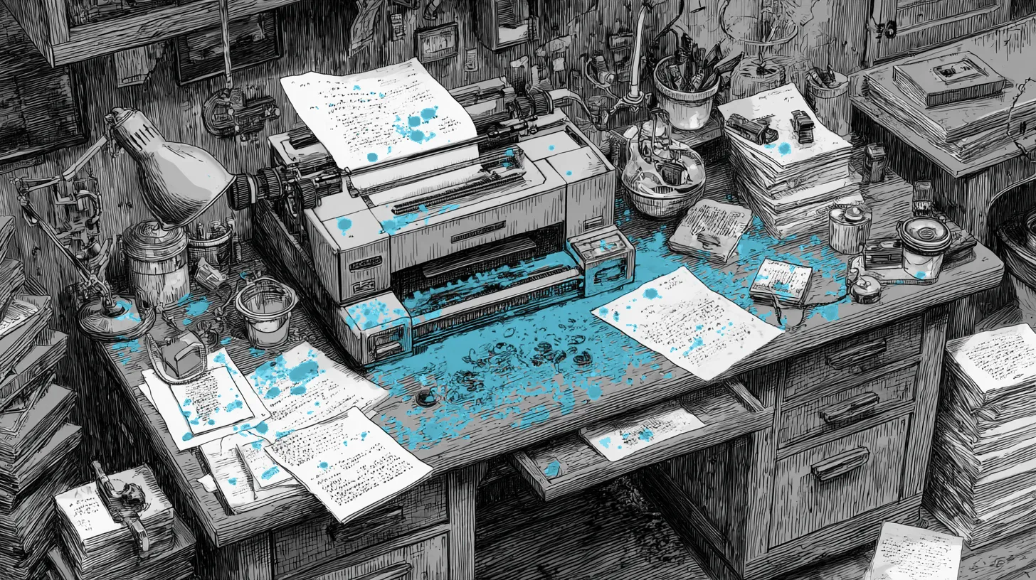 A digital counterfeiting workshop with repair invoices morphing from handwritten originals into AI-generated copies