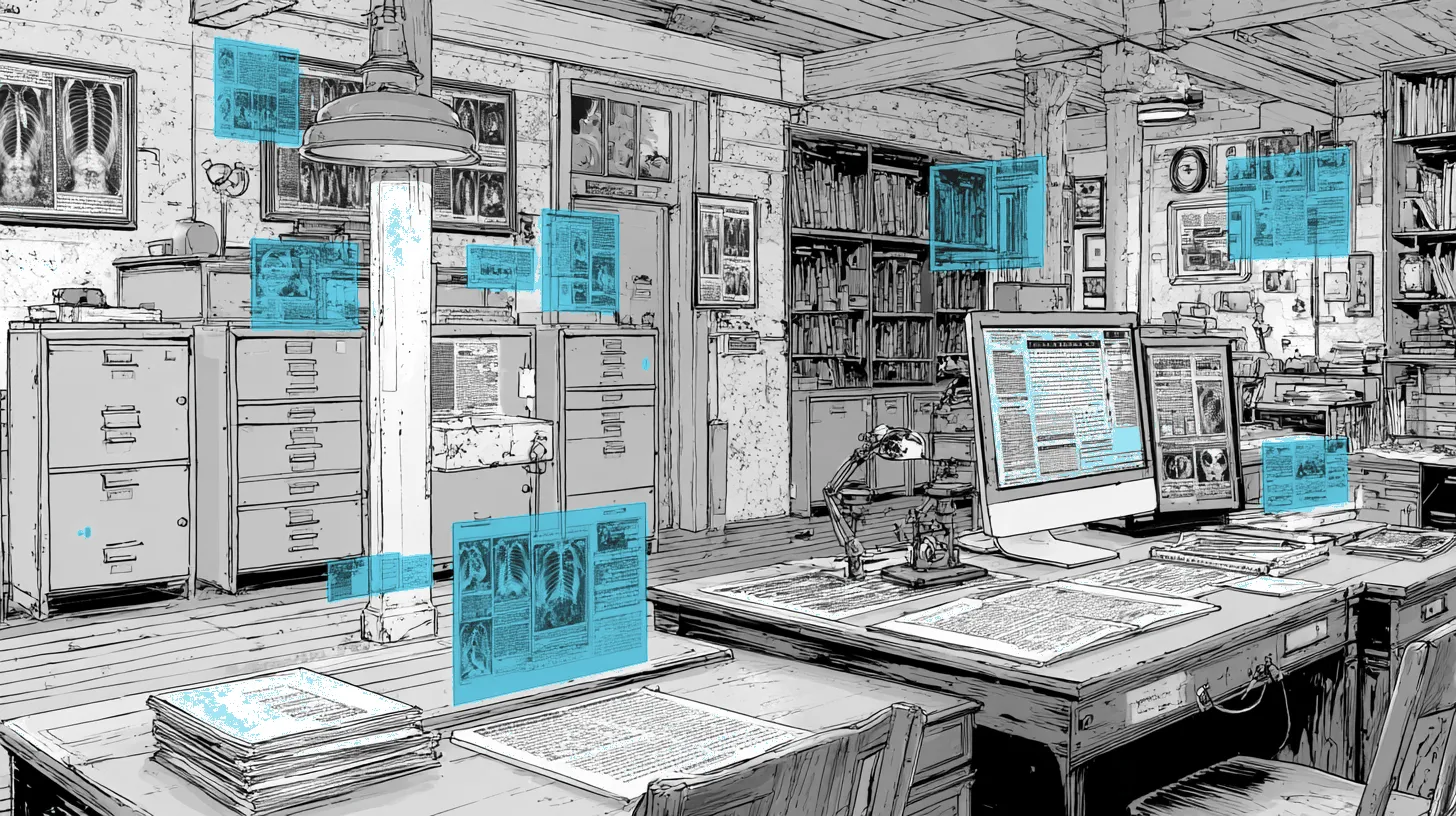 A medical records room with genuine and AI-generated documents compared side by side showing holographic anomaly overlays