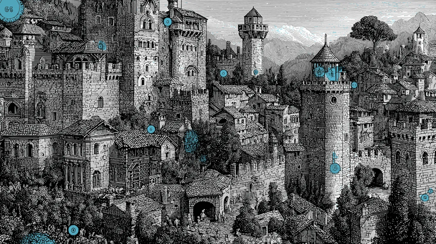 A fortified castle representing a detection system with invisible attackers injecting adversarial noise patterns through the walls