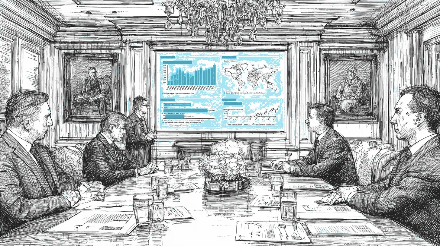 An executive boardroom with a CISO presenting a generative AI fraud threat briefing on a large screen