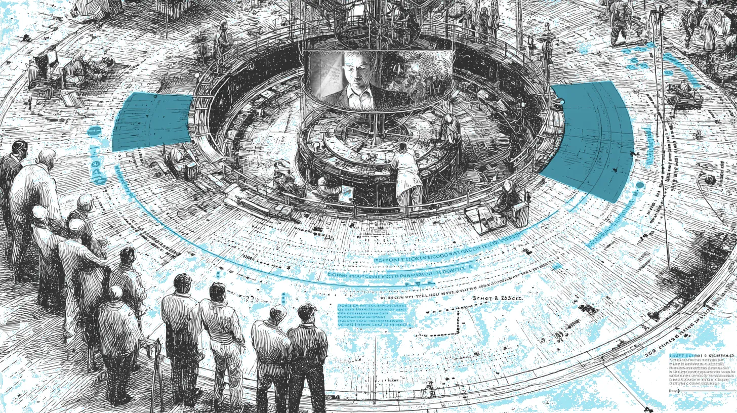 A circular scanning chamber with a video claim on a holographic screen surrounded by six AI analysis stations