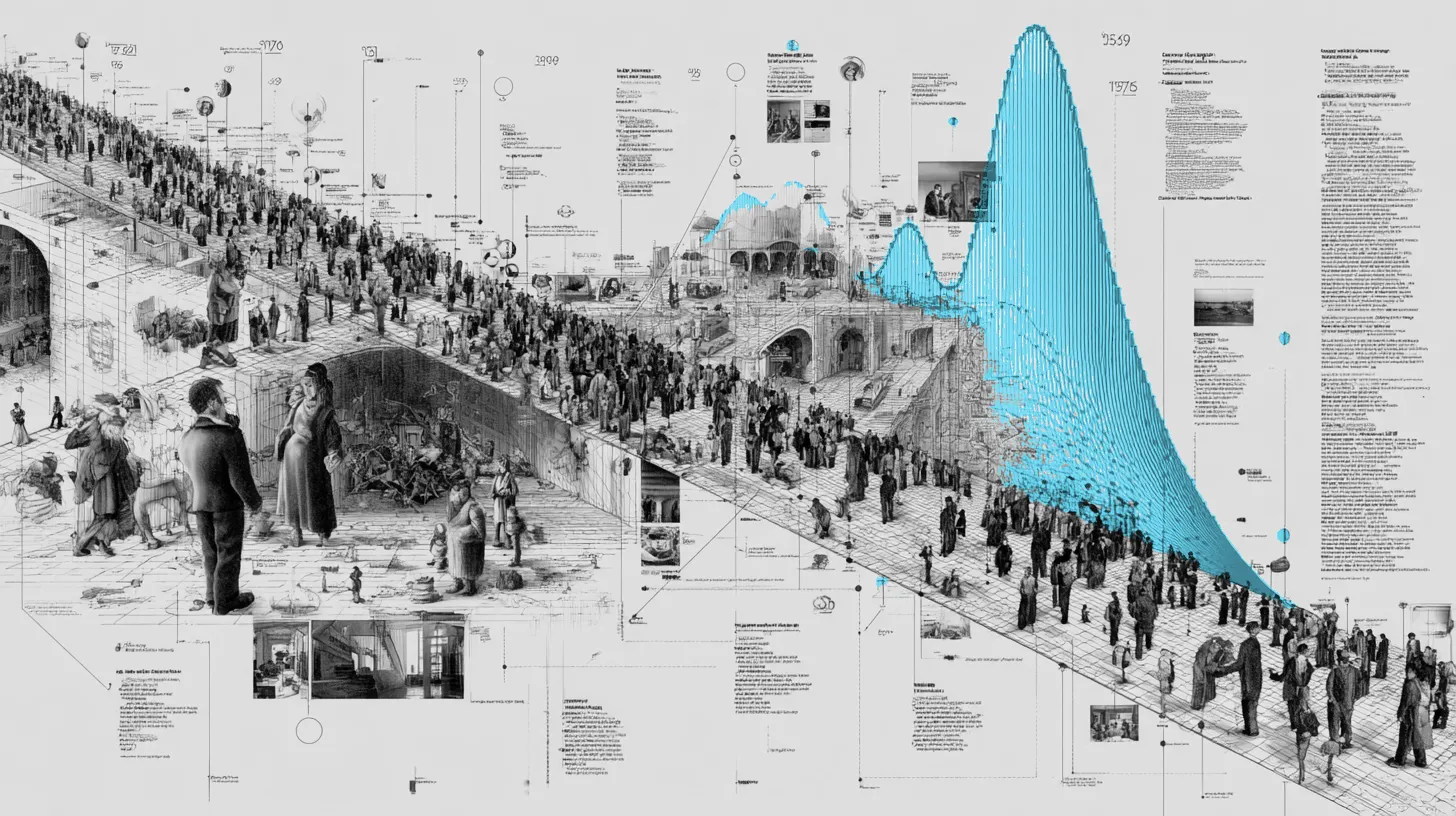 A massive horizontal timeline of fraud incidents with pins growing larger and more frequent showing deepfake evolution