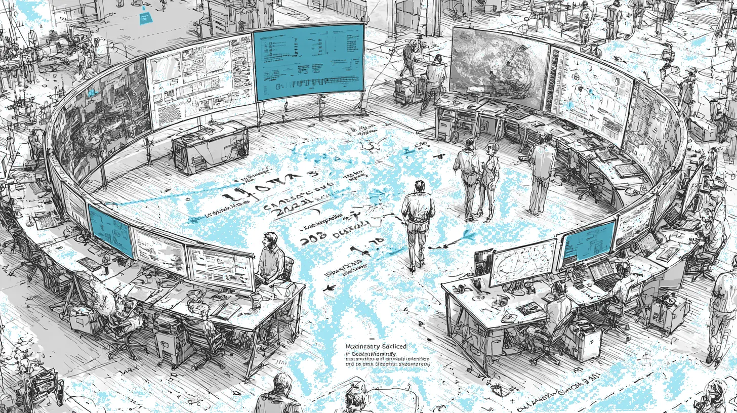 A futuristic software selection showroom with four product demonstration stations and a central evaluation matrix