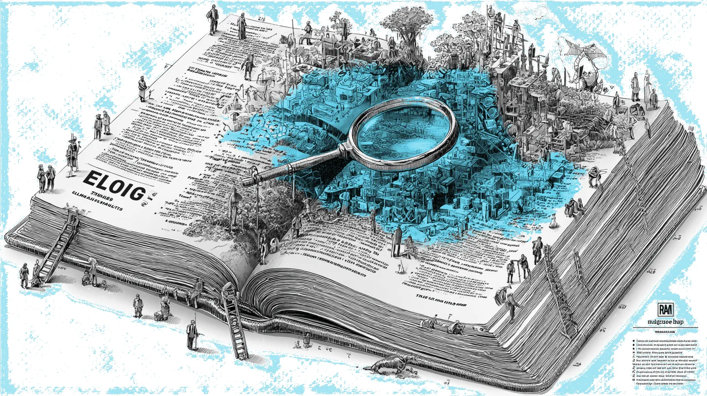 A massive encyclopedia lying open with pages showing technical terms like GAN, deepfake, and ELA with miniature illustrations