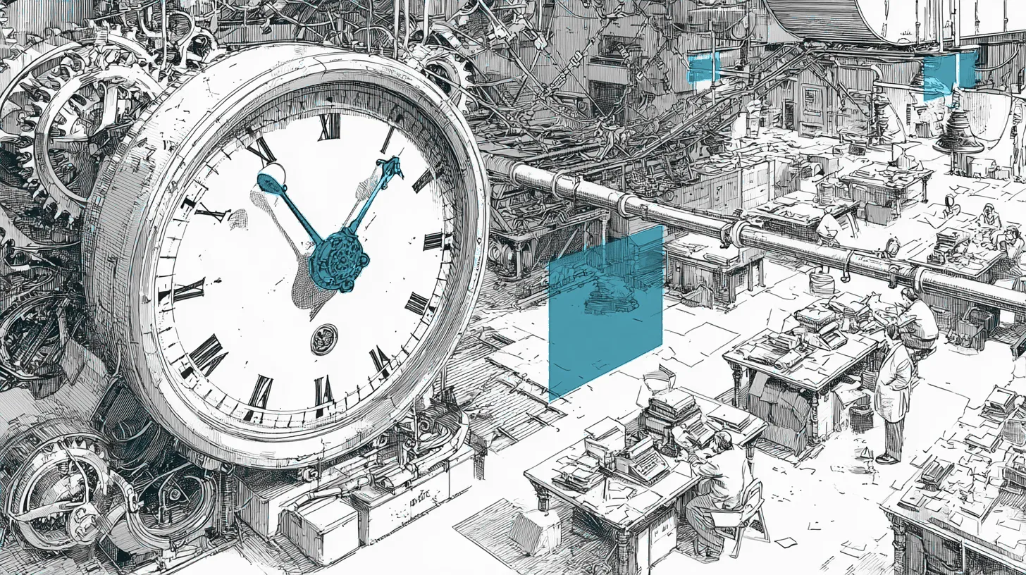 A ticking clock mechanism in cross-section connected to desks where compliance officers file reports through regulatory channels