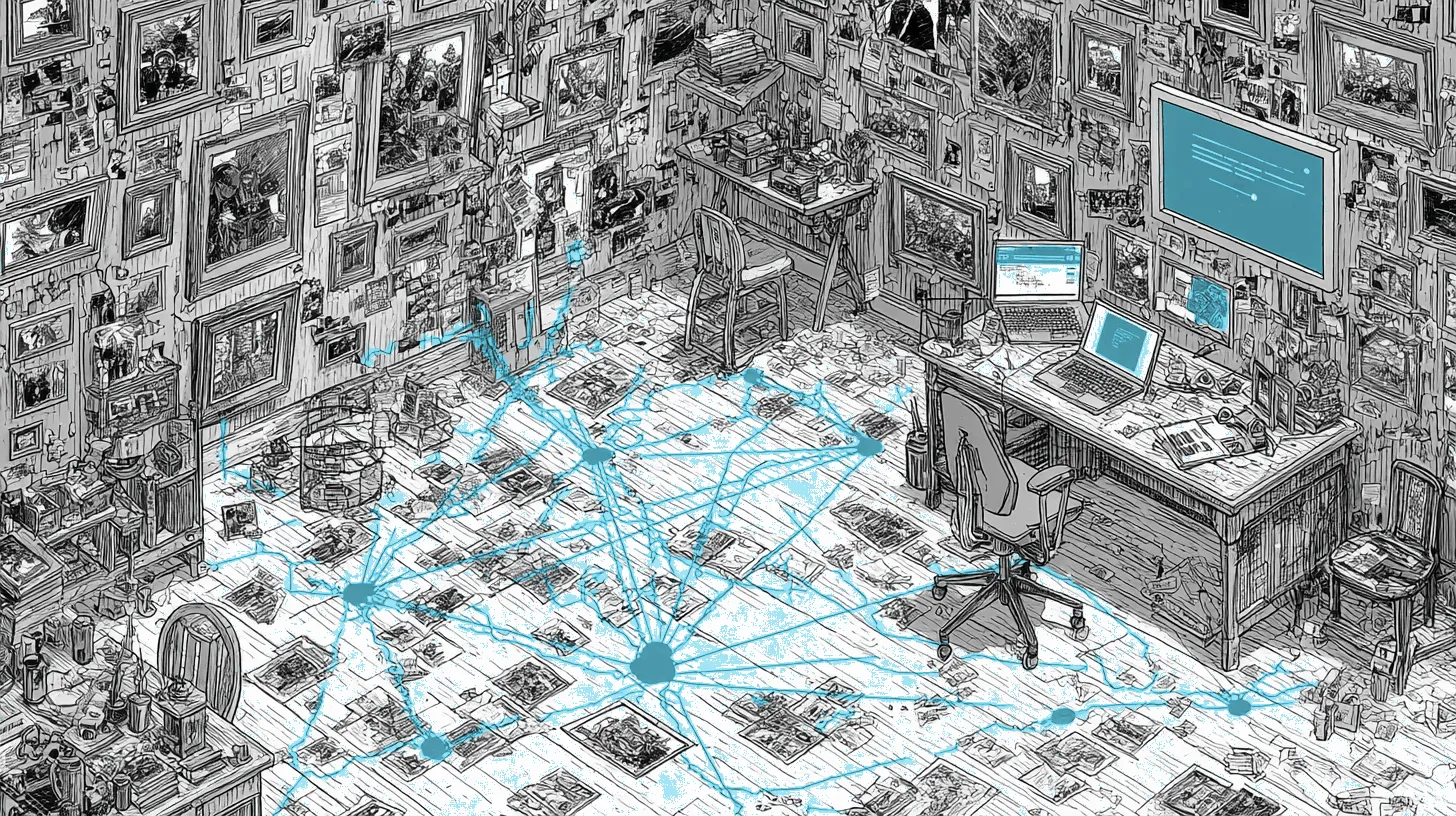 A bird's-eye view of a conspiracy web on a corkboard with fake identities connected by strings to a central mastermind