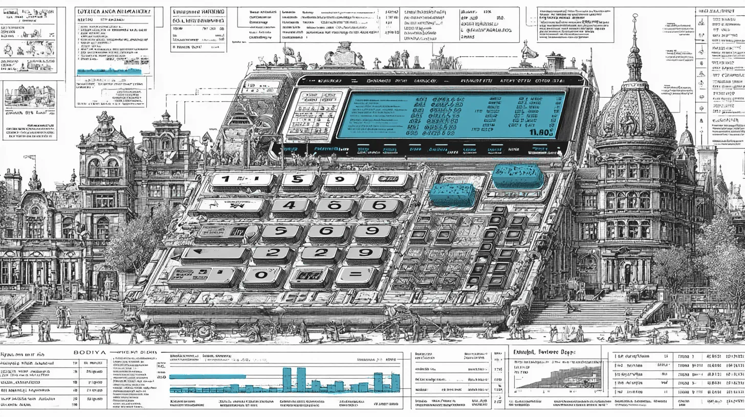A giant calculator reimagined as an architectural structure with ROI input variables as buttons
