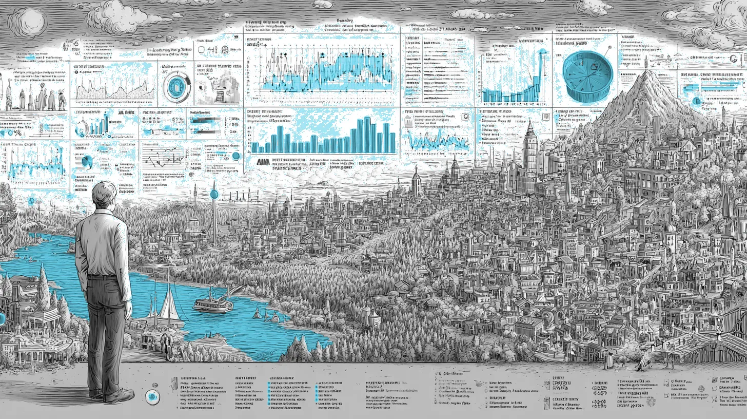 A massive infographic wall with bar charts, pie charts, heat maps, and trend lines showing fraud statistics