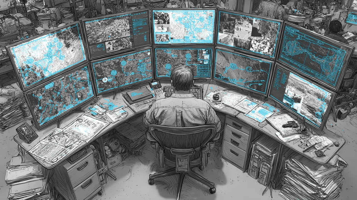 An SIU investigator's command center with multiple screens displaying AI-powered fraud investigation tools