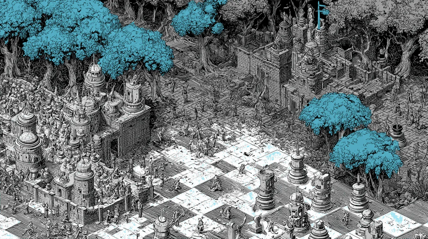 A chess battlefield viewed from above with insurance detection AI facing off against fraudster generation AI