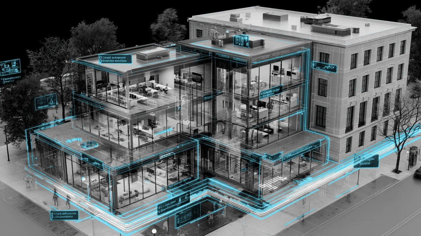 A transparent glass digital insurance building with AI screening at every touchpoint and a traditional brick building in the background