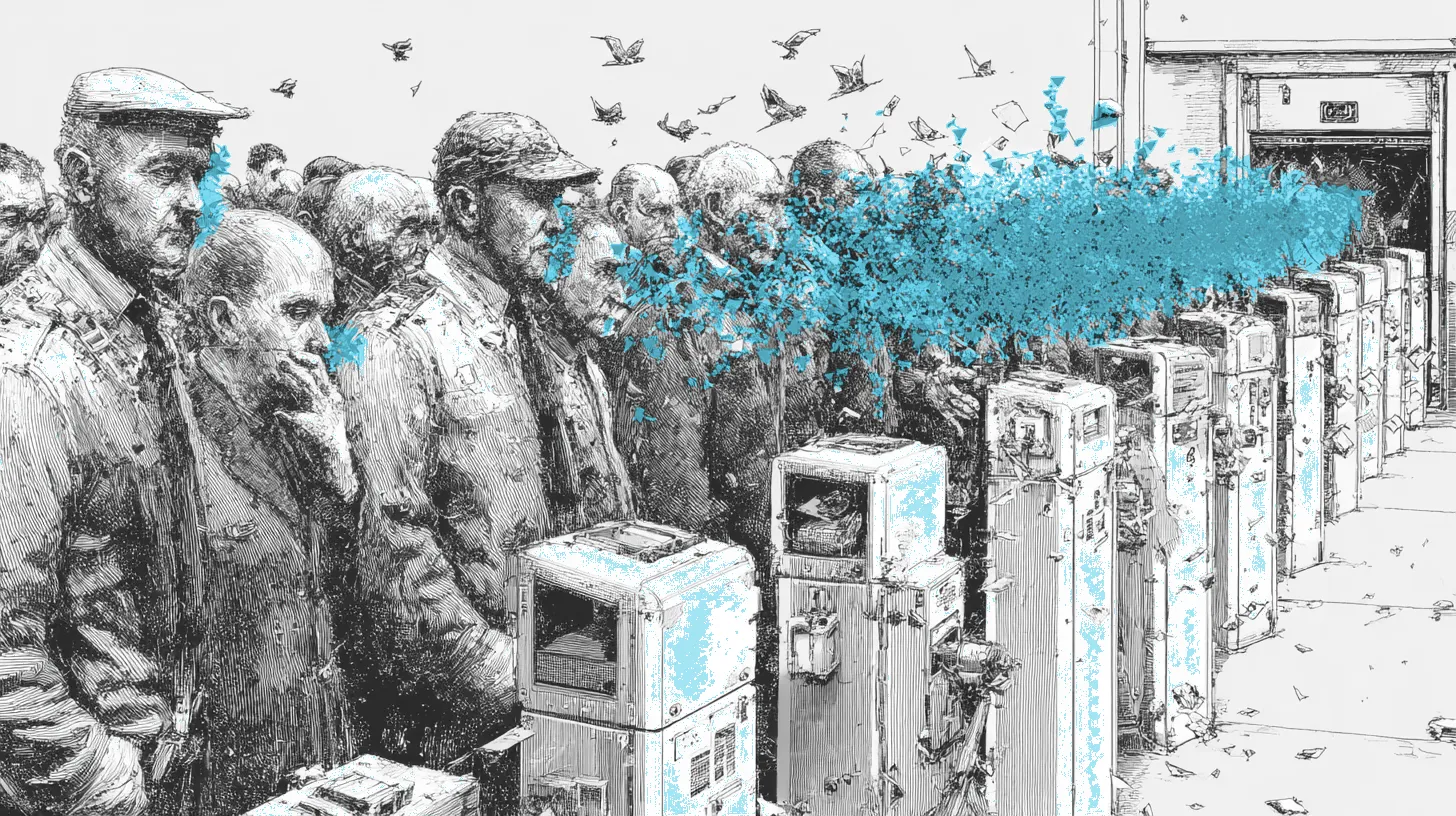 A security checkpoint corridor with identity documents passing through three successive scanning gates