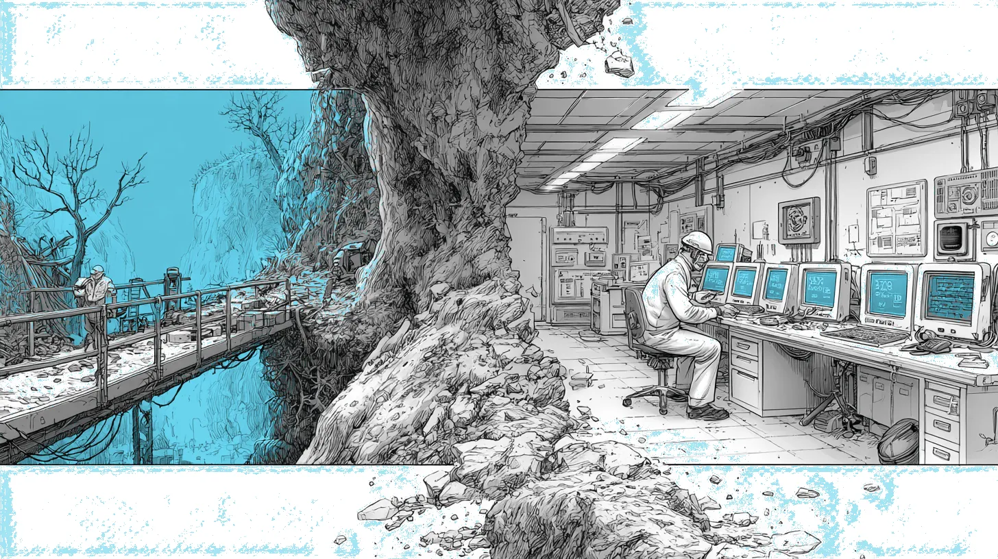 A dramatic cliff edge dividing a pristine lab showing 99% accuracy from a chaotic production environment showing 72%