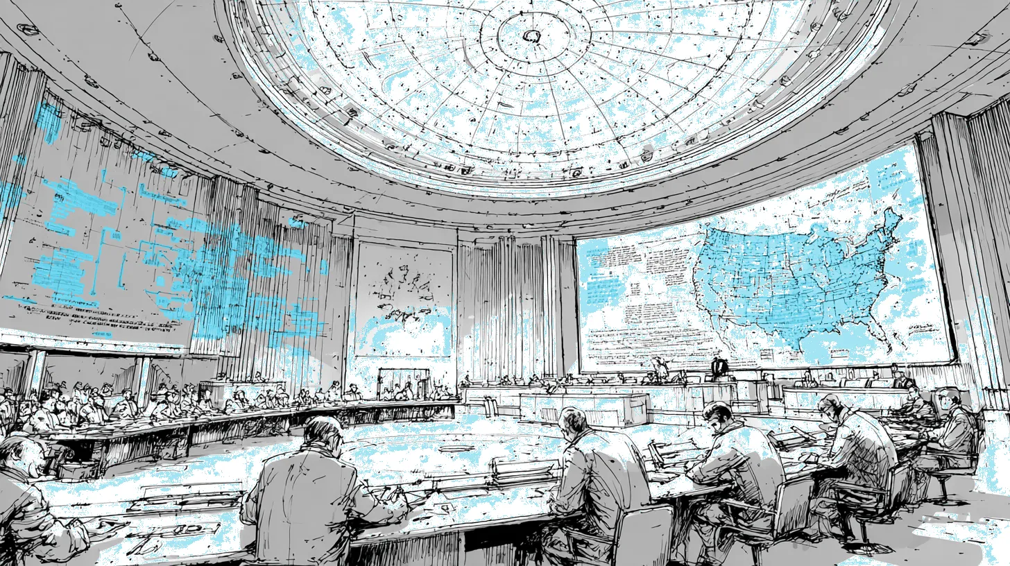 A legislative assembly hall with the NAIC seal and commissioners reviewing a model bulletin projected on a central screen