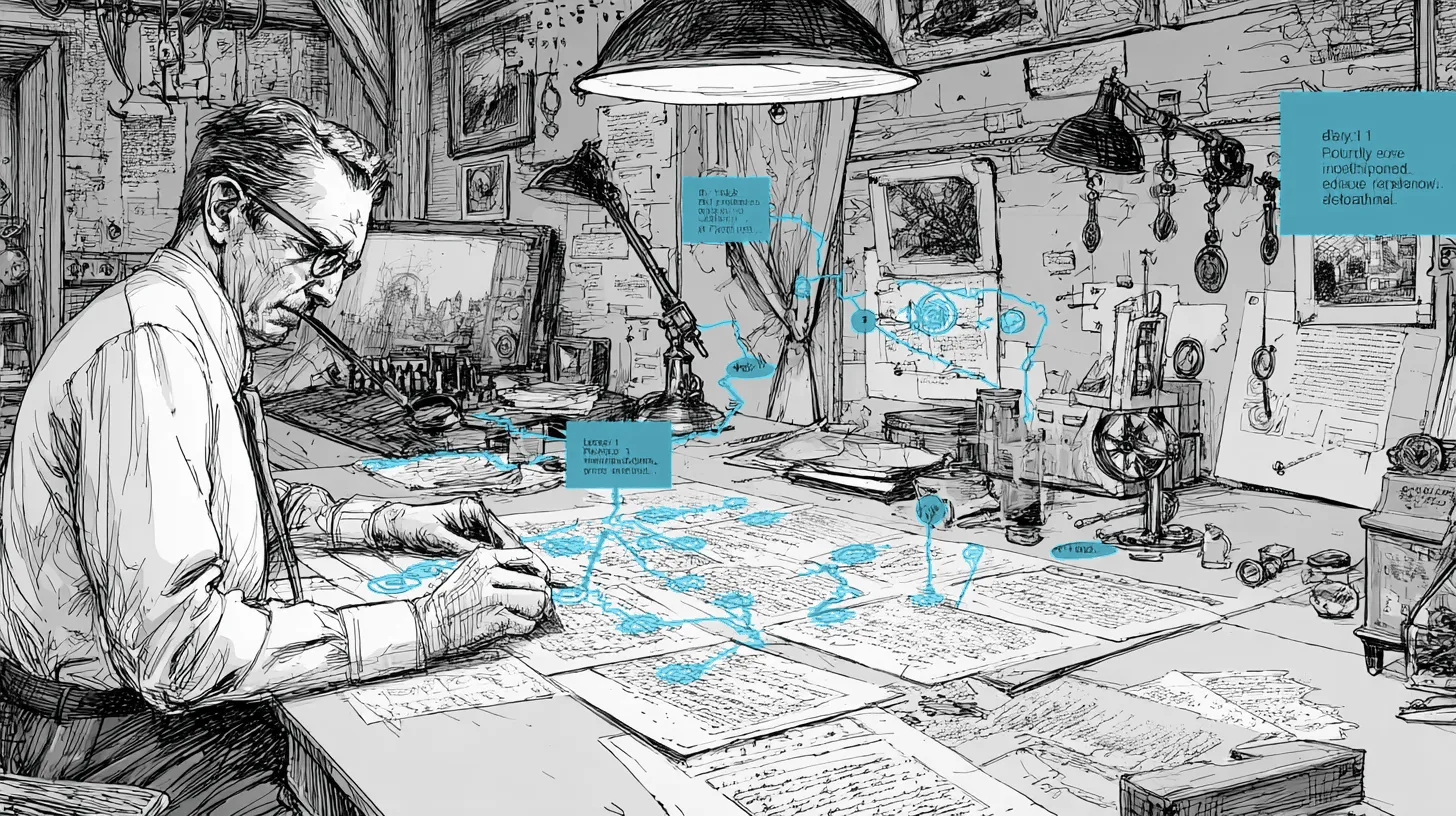 A forensic document examination station with a police report under bright lamps and AI text analysis on a secondary screen