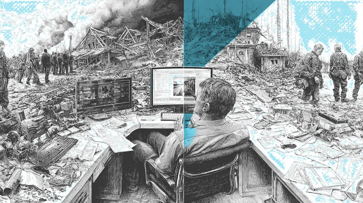 A split scene with genuine hurricane aftermath on one side and fraudsters generating fake damage photos on the other