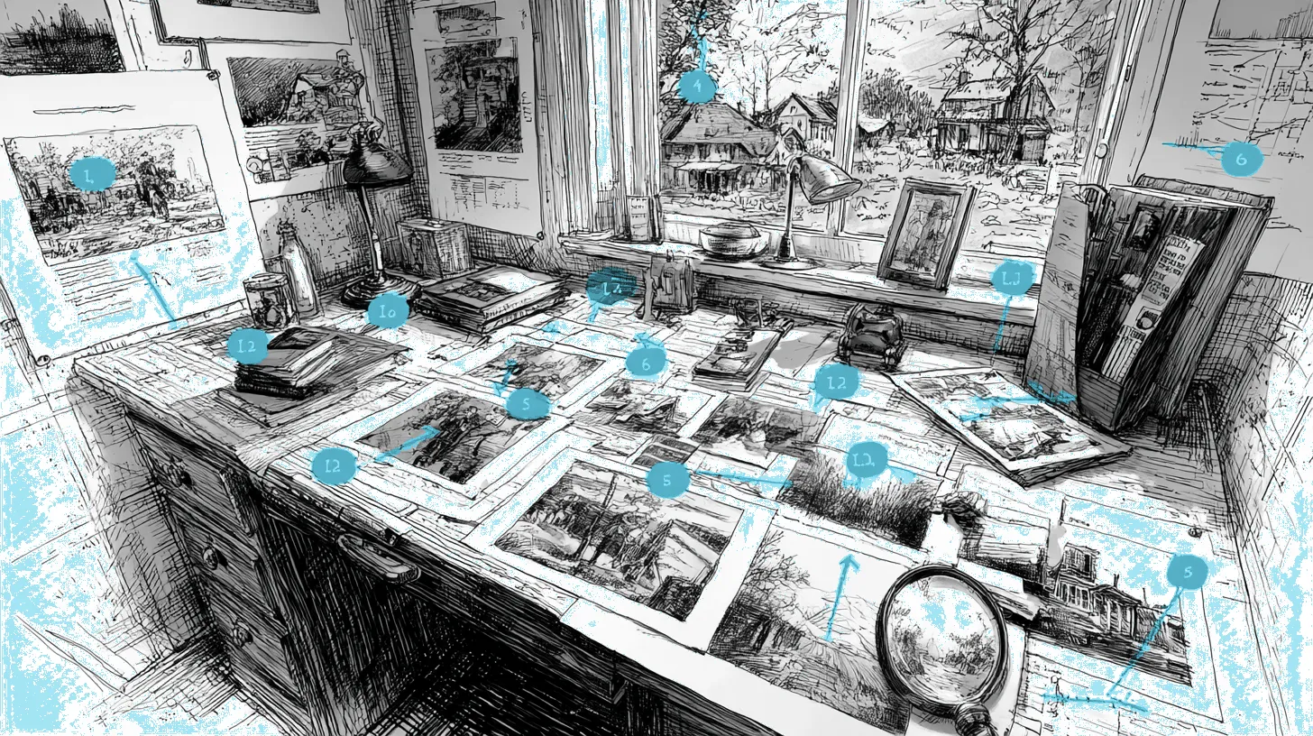 A property adjuster's desk covered with damage photos in a grid with a magnifying station revealing pixel-level artifacts