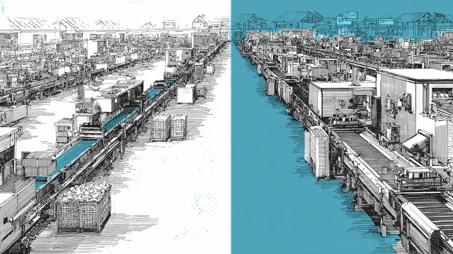 A split scene showing real-time detection as a fast conveyor belt versus batch processing as an overnight warehouse operation