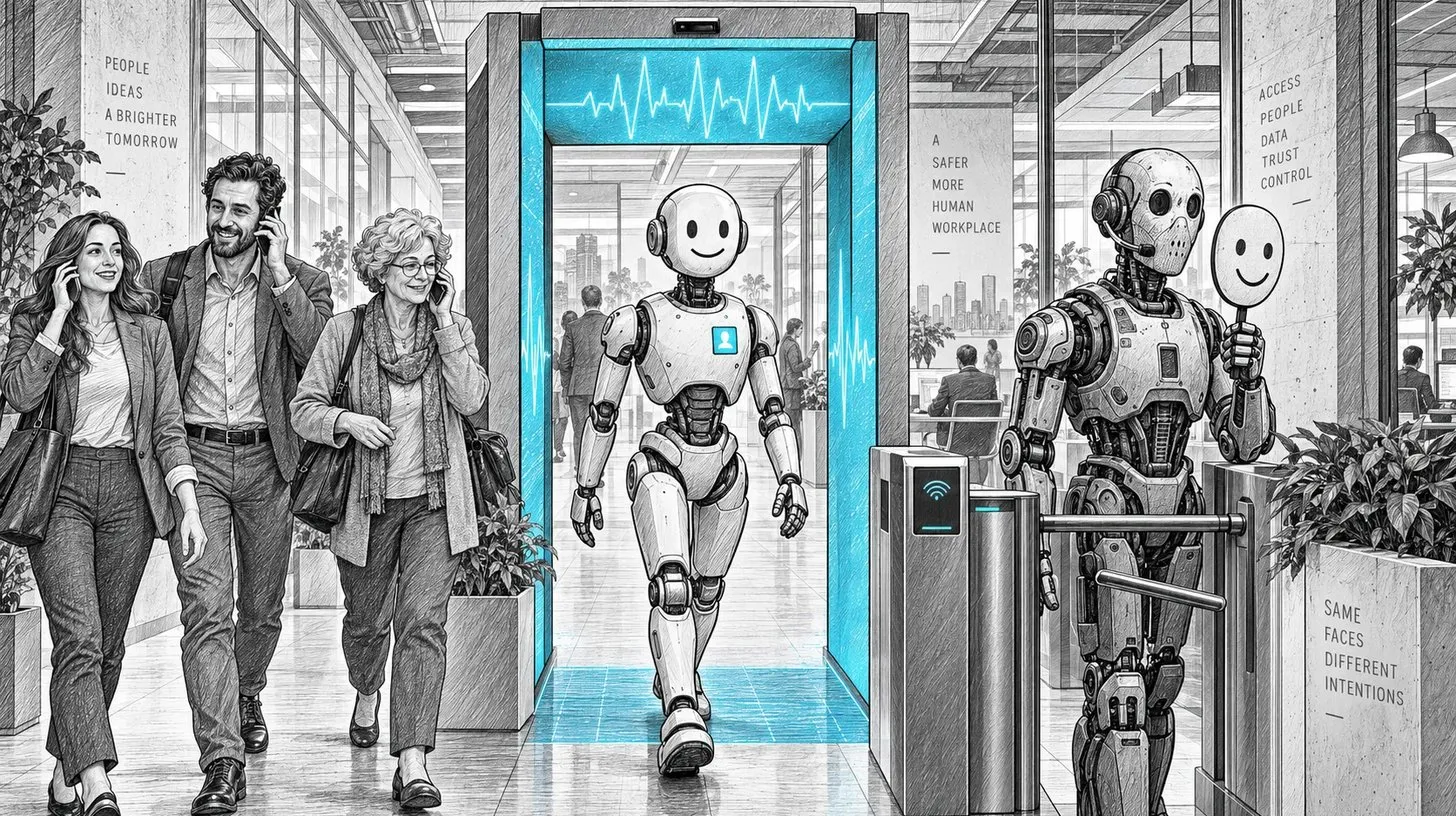 People on their phones walk into an office past a glowing cyan screening gate: a friendly robot with a cyan badge walks through, while a robot holding a smiling face on a stick is held at the turnstile, in ink line art with cyan highlights