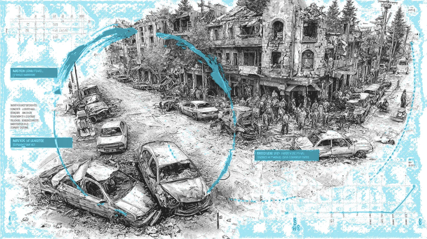 A three-stage progression showing car insurance fraud evolution from staged accidents to AI-generated deepfake scenes