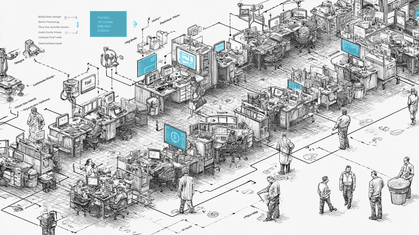A massive flowchart wall showing the claims investigation pipeline from intake through AI triage to settlement