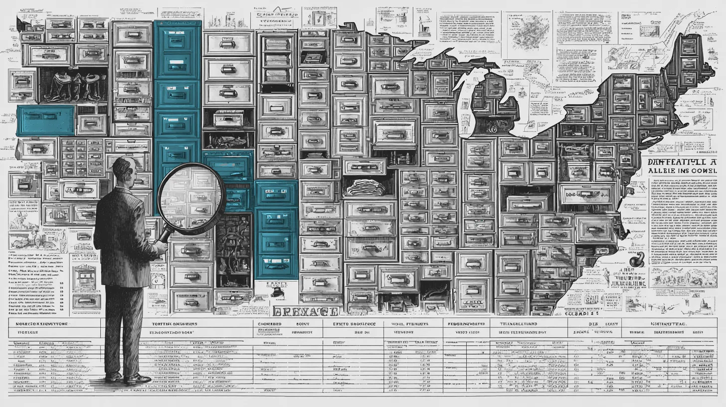 A massive wall map of the United States with each state as a filing cabinet drawer, some open revealing reporting forms, a compliance officer checking requirements state by state