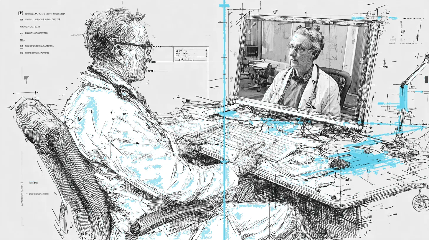 A telehealth video consultation split down the middle with a deepfake avatar puppeteered by a fraudster on one side and detection analysis overlays on the other