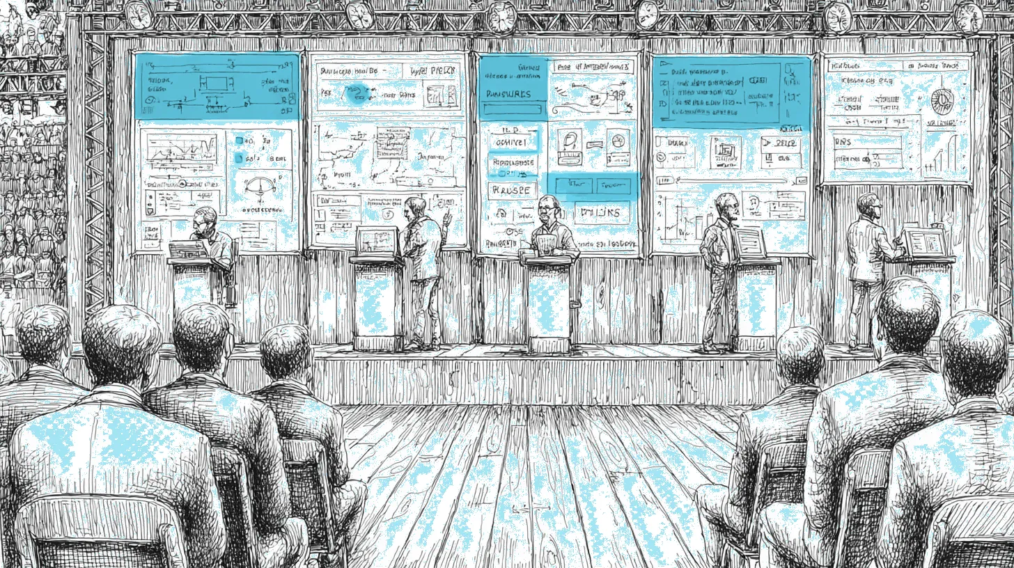A podium ceremony with five detection tool platforms at different heights showing interfaces and capability banners